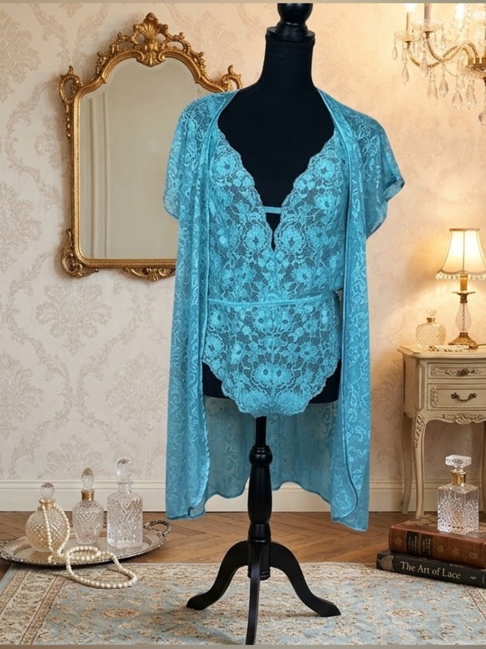 Linea Donatella Sexy Lace Teddy & Wrap Robe 2-Piece Lingerie Set NWT